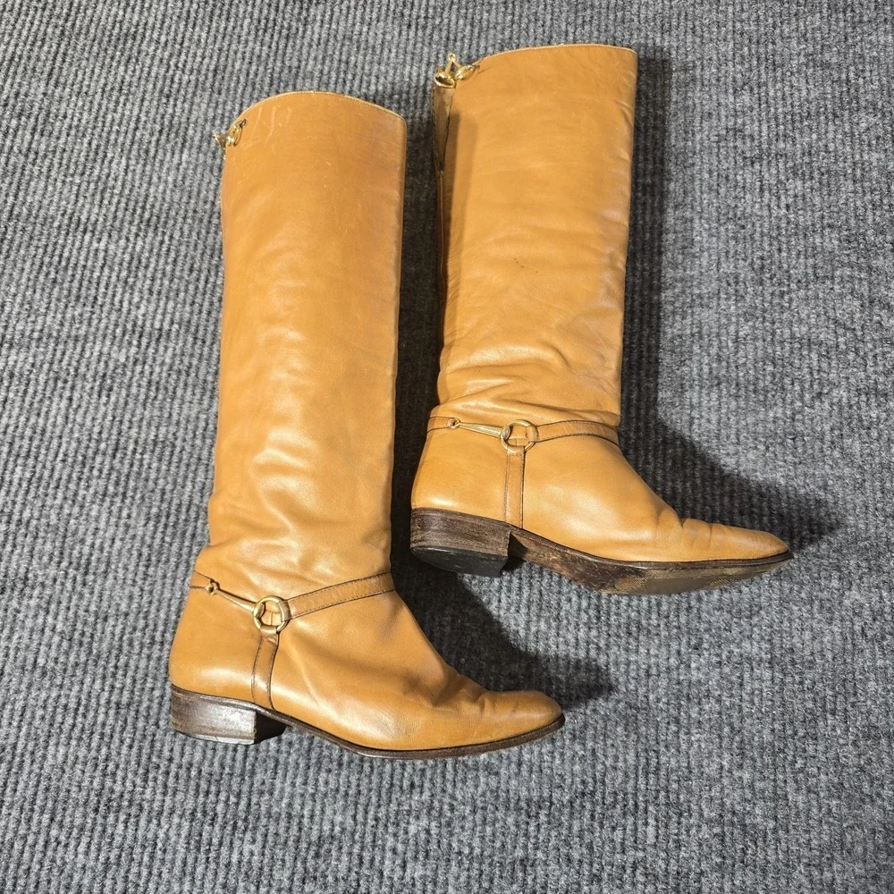 Gucci Camel/Tan Leather Knee High Boots Horse Bit Size 37.5‎ US Size 7-7.5